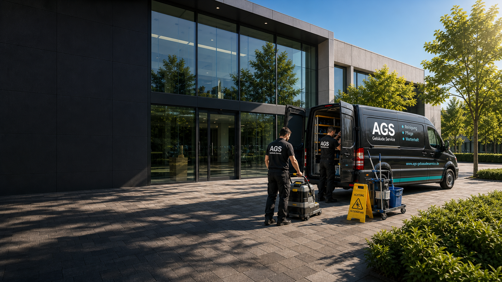 AGS Einsatzteam mit Servicefahrzeug und Reinigungsequipment vor einem modernen Gewerbeobjekt.